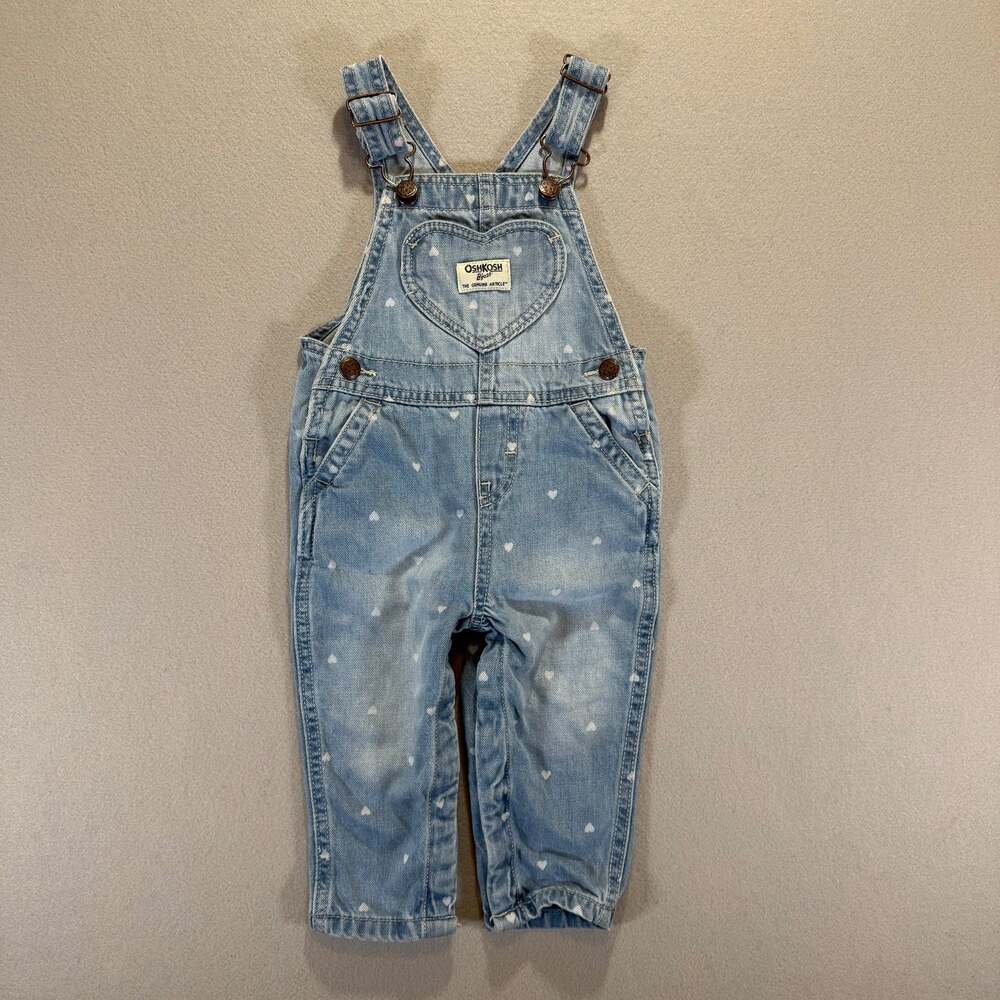Vintage OshKosh B'gosh Overalls Girls 12M Light Blue Denim Heart Pocket Snap Leg